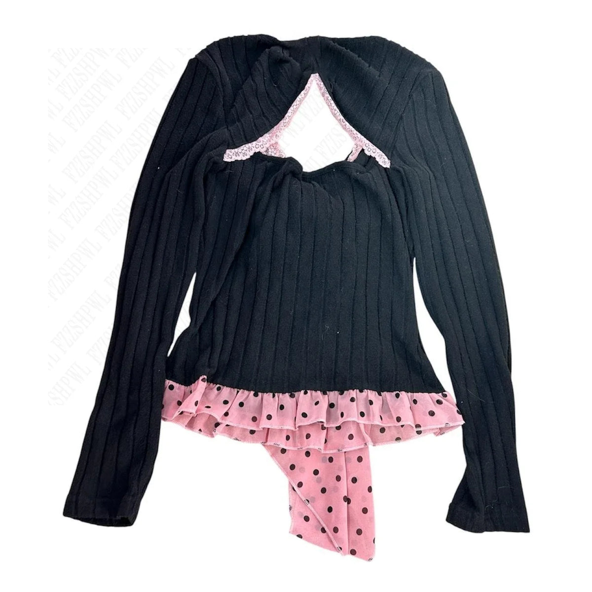 Polka dot Bow Cute Women Long Sleeve Lace Clothing Y2K Slim Tide Pink Tee Vintage Harajuku T-shirts 2000s Sweet Fashion Pullover