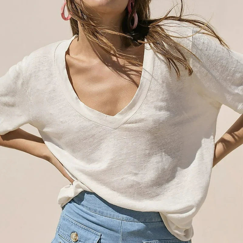 New Fashion Knitted Linen Texture Bamboo Joint Cotton Short-sleeved Loose for Women Deep V-neck Design T-shirt Top 2026 Summer