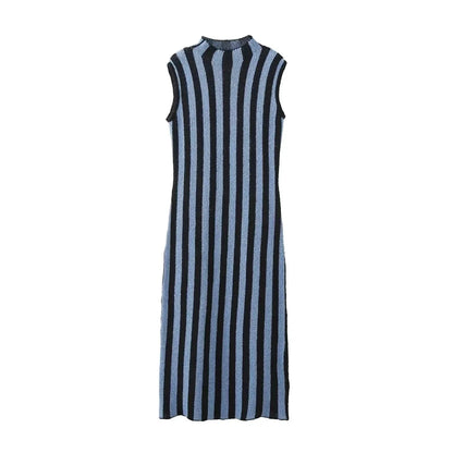 Women Half High Collar Side Slit Hem Sleeveless Sweater Robe Autumn Sexy Contrast Color Striped Knit Dress