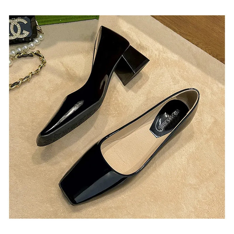 Women Novelty Shoes Square Toe Patent Leather New Arrivals Slip-On Black Wine Beige Chaussures 5cm Thick Heels Pumps For OL 43 7