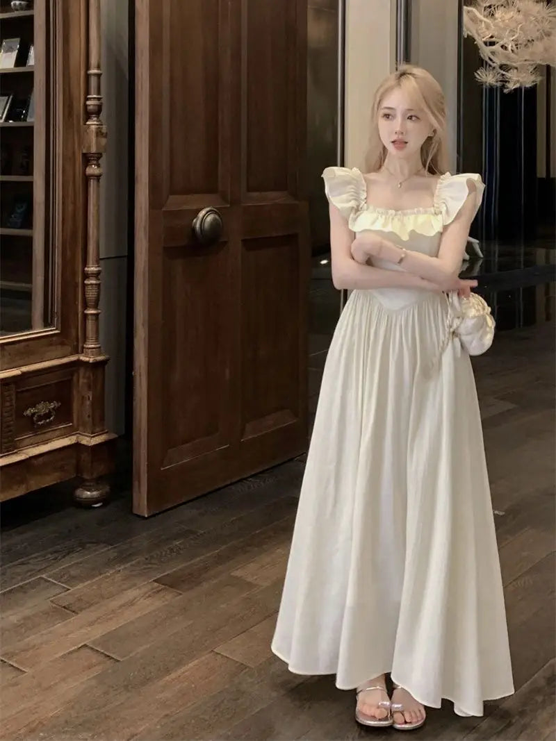 Sweet Gentle Square Neck Dress Summer New Temperament Waist-sharp Mid-length Dress