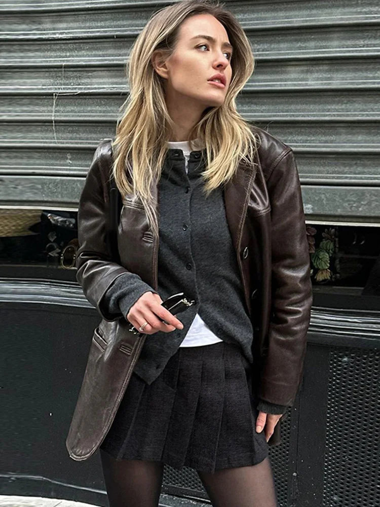 Women's PU Leather Jackets Casual Turn Down Collar Long Sleeve Single Breasted Pockets Loose Female Motorcycle Coat Lady Outwear