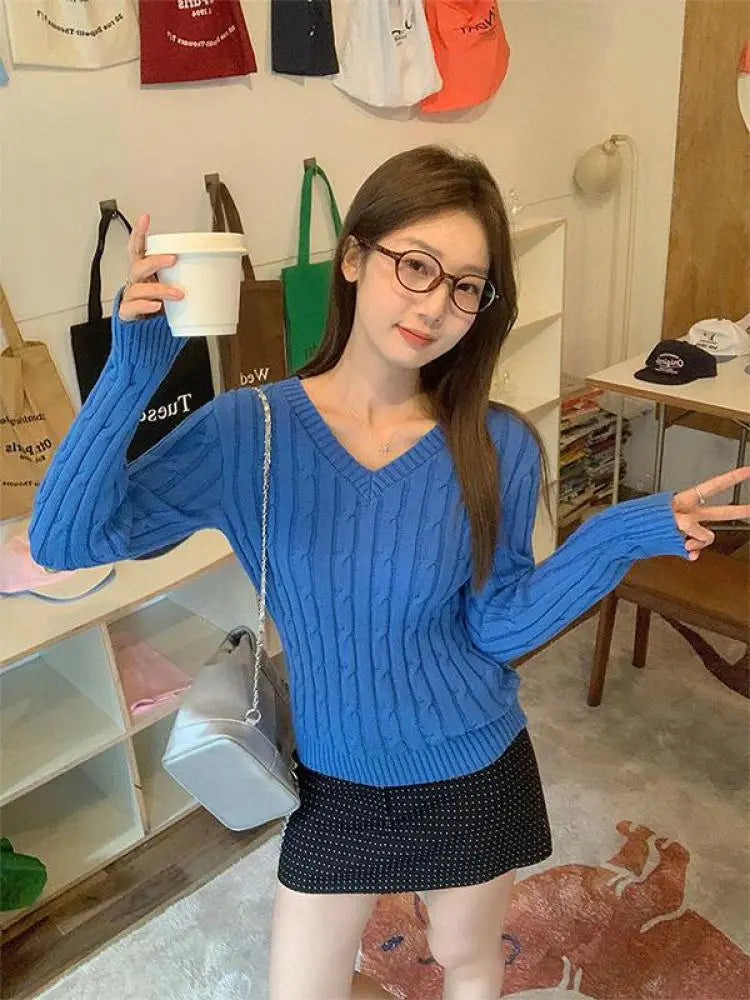 Autumn Winter New Blue Short Knitted Pullover Twists Sweater Korean Fashion Women's V Neck Long Sleeved Versatile Crochet Tops
