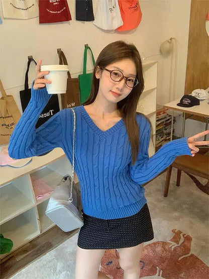 Autumn Winter New Blue Short Knitted Pullover Twists Sweater Korean Fashion Women's V Neck Long Sleeved Versatile Crochet Tops