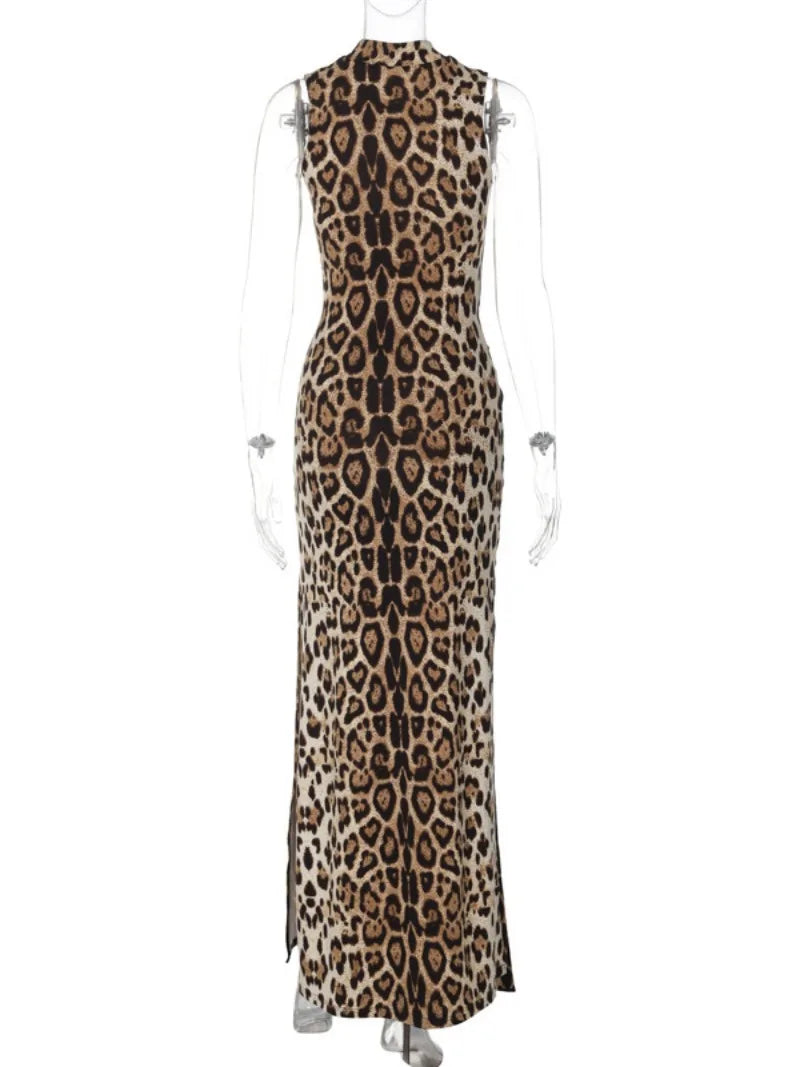 Woman Elegant Leopard Print Bandage Long Dress 2024 Summer Sexy O-neck Sleeveless Tunics Bodycon Slit Evening Party Dresses