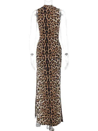 Woman Elegant Leopard Print Bandage Long Dress 2024 Summer Sexy O-neck Sleeveless Tunics Bodycon Slit Evening Party Dresses