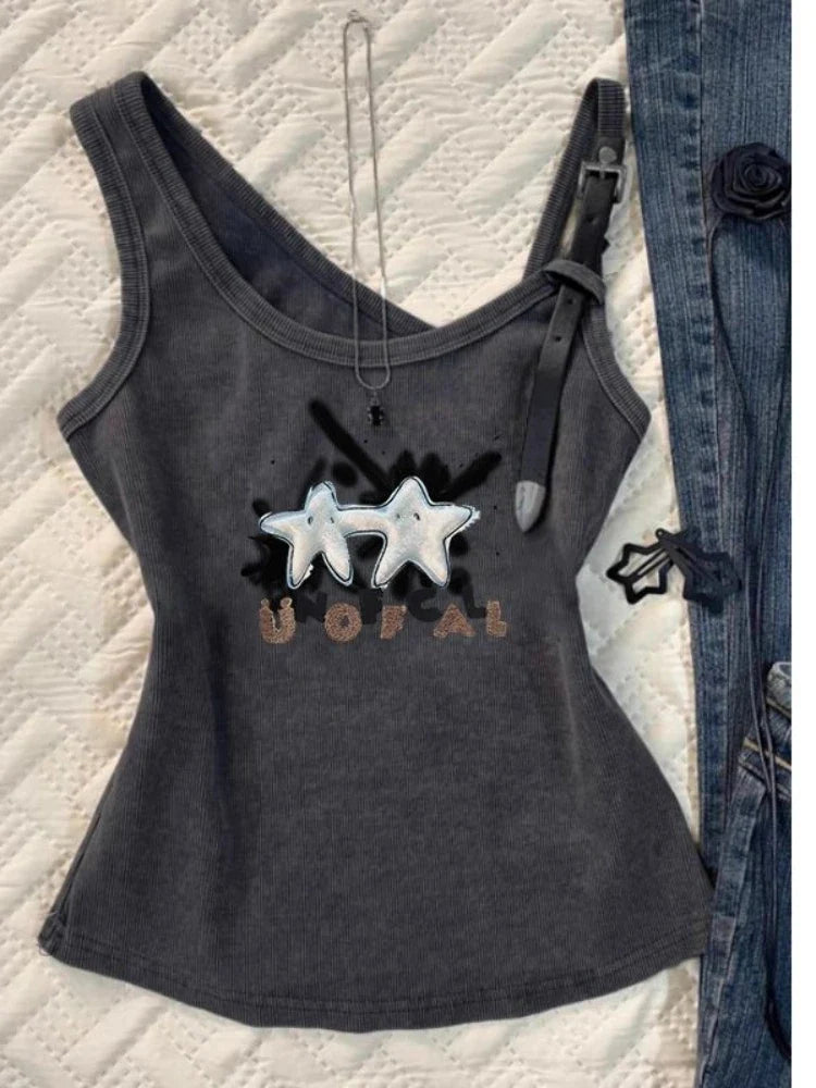 Summer Gothic New Vest Women Hepburn Chic O-neck Sleeveless Sexy Sling Tops Female Vintage Y2k Solid Thin Print Hot Chick Top