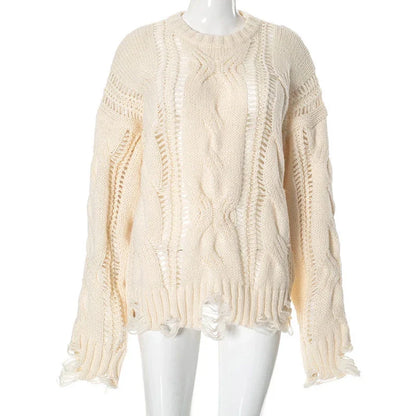 Twist Hollow Out Knit Sweater Women Chic O-neck Long Sleeve Loose Tassels Pullover Female 2025 Spring Solid Jumper Top Sweaters
