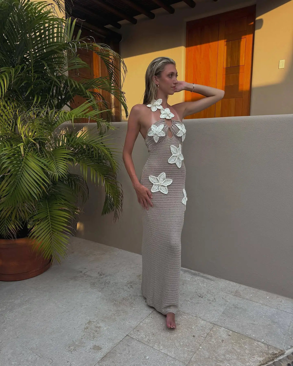 Crochet Halter Keyhole 3D Floral Applique Bodycon Maxi Dress