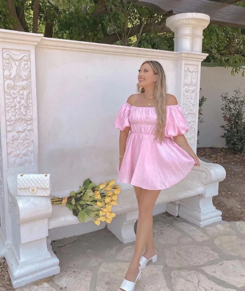 Elegant Sexy Square Collar Mini Dress Women Vintage Puff Short Sleeve Elastic Waist Summer Dresses Female Boho Vestidos