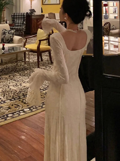 Women's Solid Midi Dress Flare Sleeves Square Collar A-Line Lace Up Autumn Spring French Elegant Vintage Prom Robe Vestidos New