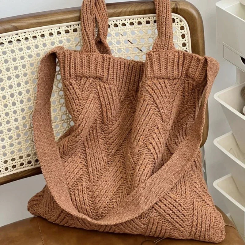 Grunge Vintage Knitted Solid Shoulder Bag Simple All Match Y2k Aesthetic Tote Japanese Cute High-capacity Crossbody Handbags