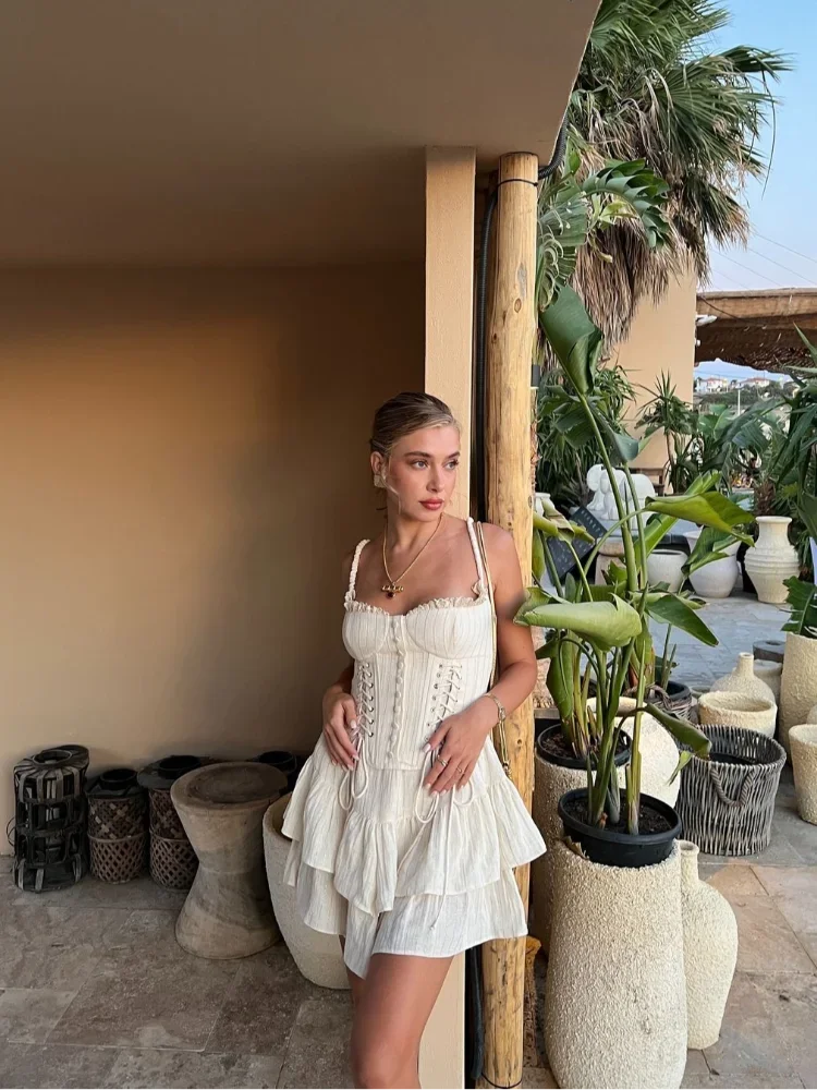 Women Sexy Backless Sleeveless Layer Ruffles Hem Dresses Bandage Chest Wrapped A-line Mini Dress Summer Lady Vacation Beach Wear