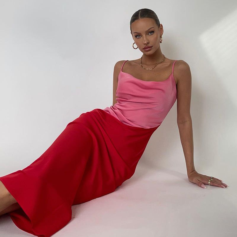 Diagonal Colorblock Cowl Neck Spaghetti Strap Satin Midi Dress