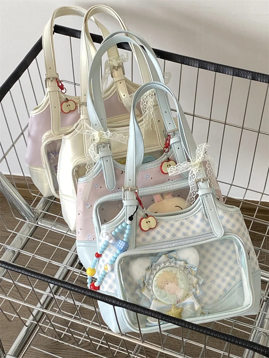 Original Lolita Sky Blue Plaid Small Capacity Transparent Pain Bag 10cm Baby Bag Daily Commuting Class Portable Shoulder Bag
