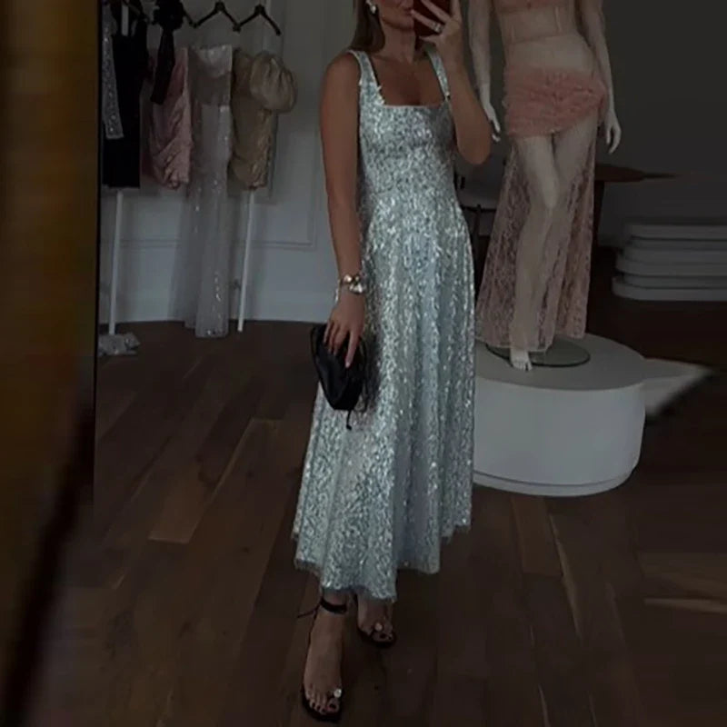 Fashion Temperament Sleeveless Evening Dresses Elegant Party High Waisted Pleated Dress Shiny Sequins Mesh Halter Long Dresses