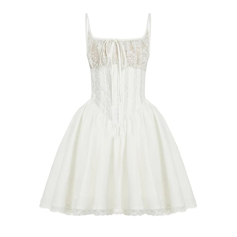 Lace Patchwork Sleeveless A-line Dress Holiday Party Evening Ball-gown Mini Dresses French Style Robe Elegant Outfits