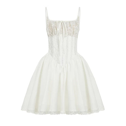 Lace Patchwork Sleeveless A-line Dress Holiday Party Evening Ball-gown Mini Dresses French Style Robe Elegant Outfits