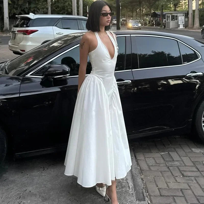 Sexy Deep V Hollow Halterneck Large Hem Dress For Women Solid High Waisted Backless Splice Summer New Vacation Long Dress