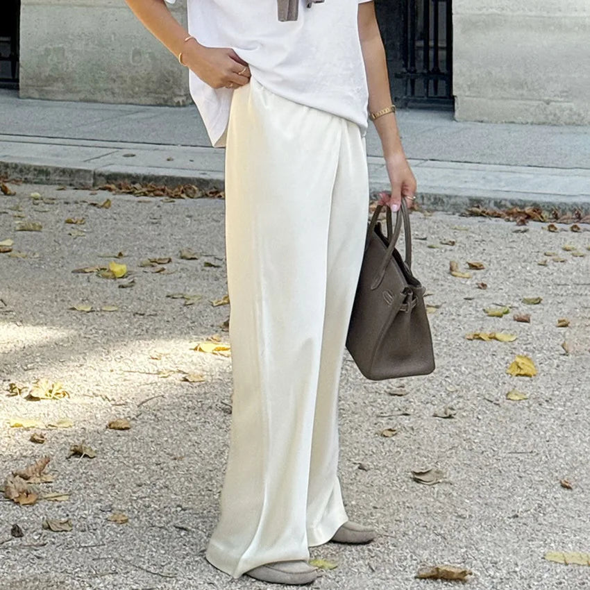 New straight leg pants with satin finish, high waisted and drooping casual pants