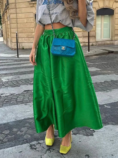 Silk Patchwork High Waist Long Skirt Women's Summer Solid Color Skirt Fashion Simple Loose New Women's Long Skirt 2024
