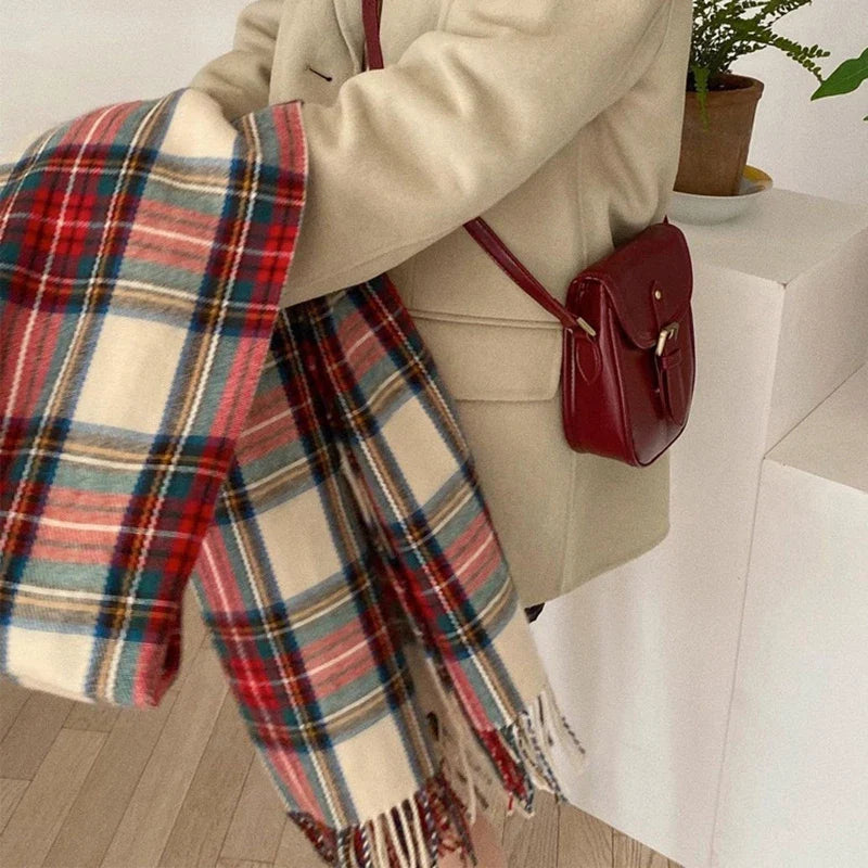 Christmas Red Plaid Scarf Fall Winter Warm Women's Scarfs Vintage Classic Tassels Cashmere Imitation Long Shawl Lady Accessories
