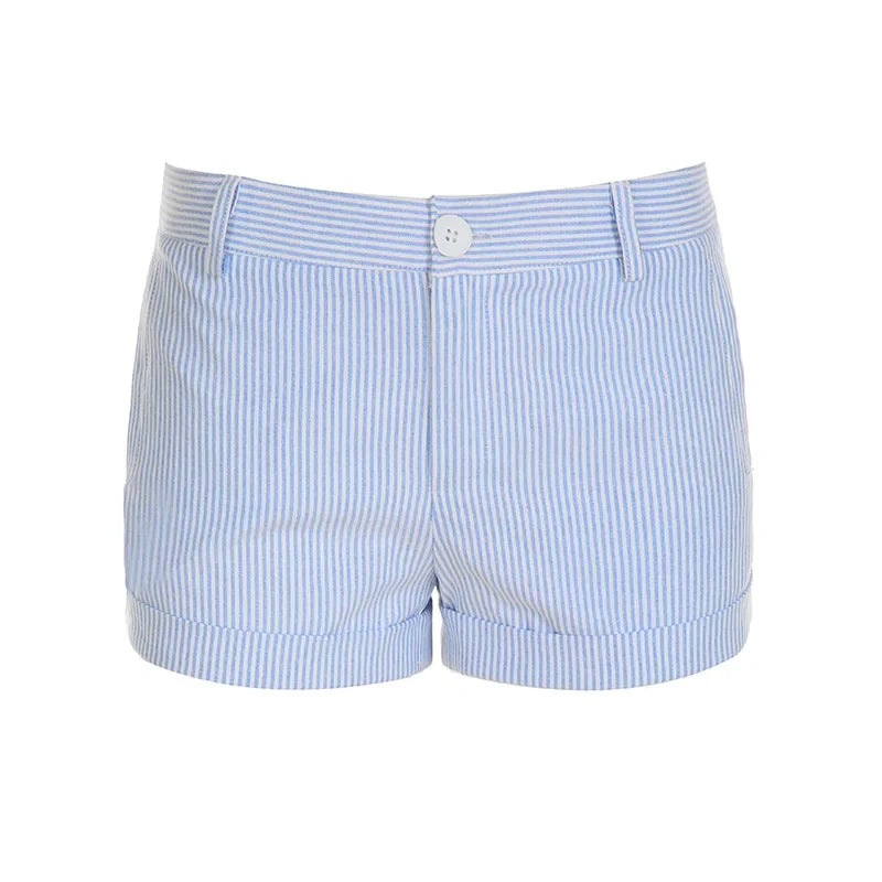 Roll-up Hem Striped Shorts Casual Basic Button-up High Waist Hot Pants Chic Elegant Slim-fitting Short Pants Streetwear