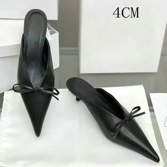 Super Hot Pointy Bow V-Top Skinny Heel Bun Towing Summer Muller Shoes Fashion Leather Low Heel Pumps