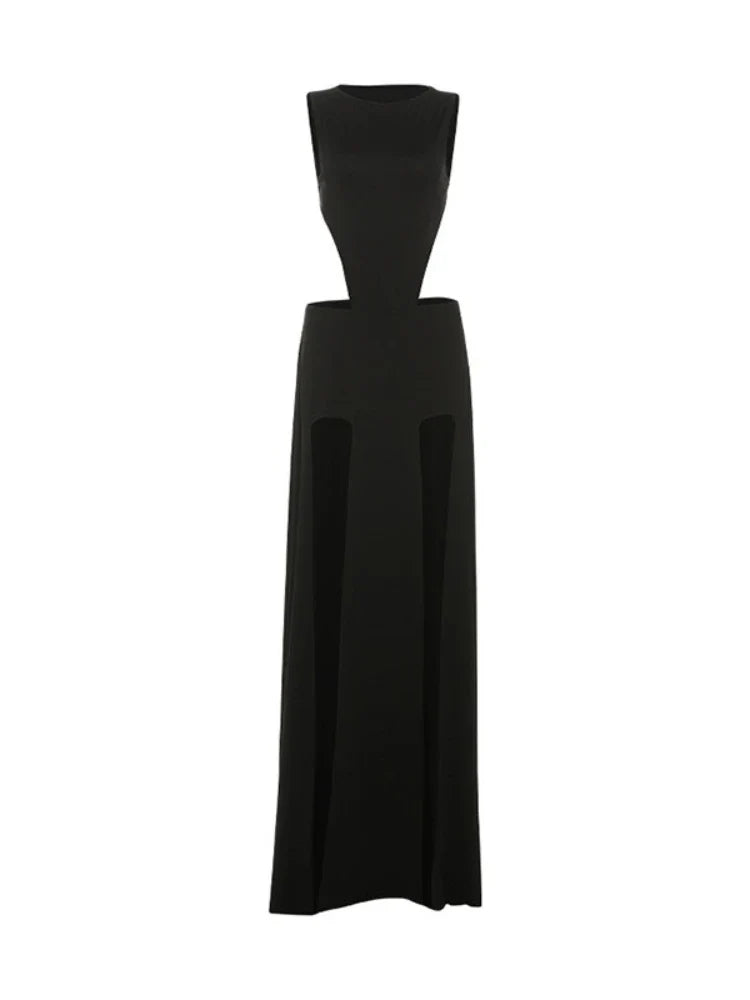 Sexy 2 Pieces Clothing Set Women Black O Neck Sleeveless Slim Bodysuit and High Slit Irregular Long Skirt Suit Y2K Outfits