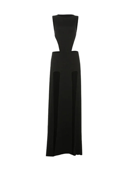 Sexy 2 Pieces Clothing Set Women Black O Neck Sleeveless Slim Bodysuit and High Slit Irregular Long Skirt Suit Y2K Outfits