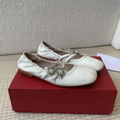 Casual Woman Shoe Square Toe Shallow Mouth Female Footwear Crystal Buckle Round New Dress Rhinestone Rubber Leisure Microfiber P