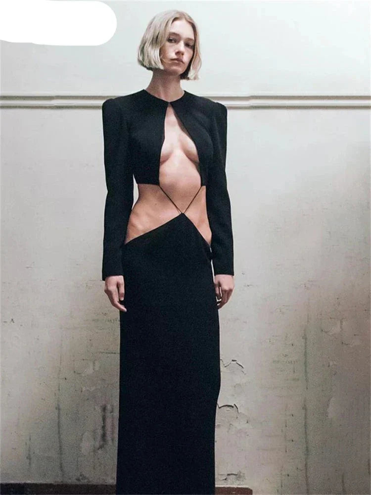 Long Sleeve Keyhole Criss Cross Waist Cutout Bodycon Maxi Dress