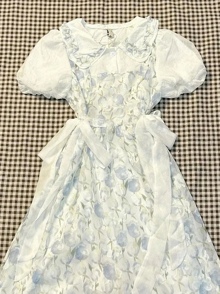 Japanese Sweet Fresh Tulip Floral Doll Collar Dress Women New Summer Kawaii Slim Fit Waist A-Line Dress Gentle Style Clothing