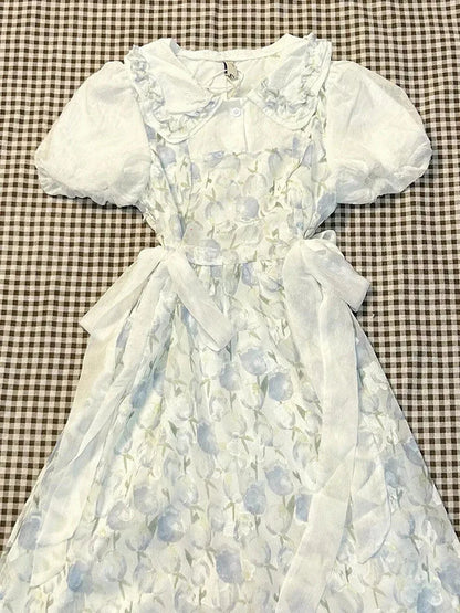 Japanese Sweet Fresh Tulip Floral Doll Collar Dress Women New Summer Kawaii Slim Fit Waist A-Line Dress Gentle Style Clothing