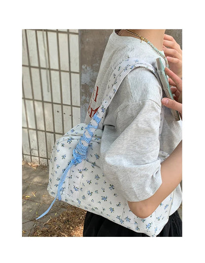 Large Capacity Canvas Bags for Women's Korean Fashion Summer Floral Shoulder Versatile Commuting Underarm Bag