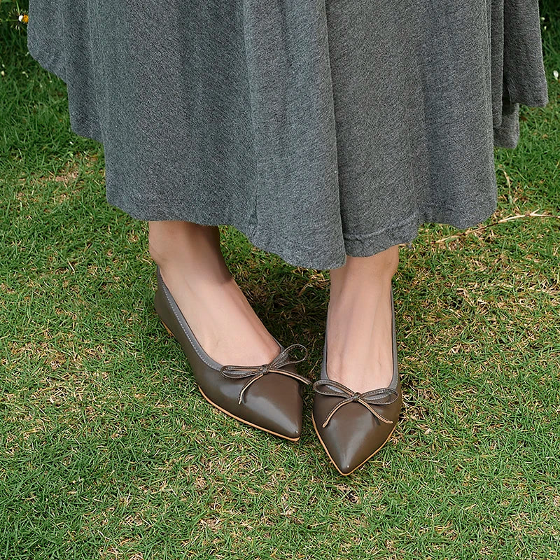 Women Flats French Style Sheepskin Ballets Woman Simple Shoe Spring Autumn Retro Pumps Flat Heel Square Toe Bowtie Footwear