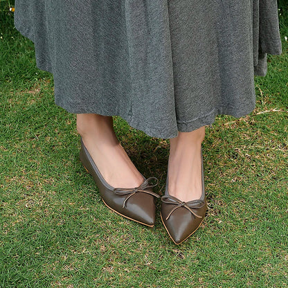 Women Flats French Style Sheepskin Ballets Woman Simple Shoe Spring Autumn Retro Pumps Flat Heel Square Toe Bowtie Footwear