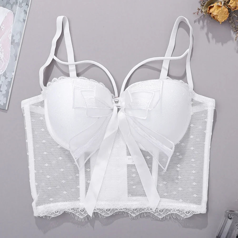 Summer New Women Mesh Lace Feather Camisole Bustier Bra Cropped Tops Beading Fishnet Hot Diamond Sexy Sleeveless Vest Slim