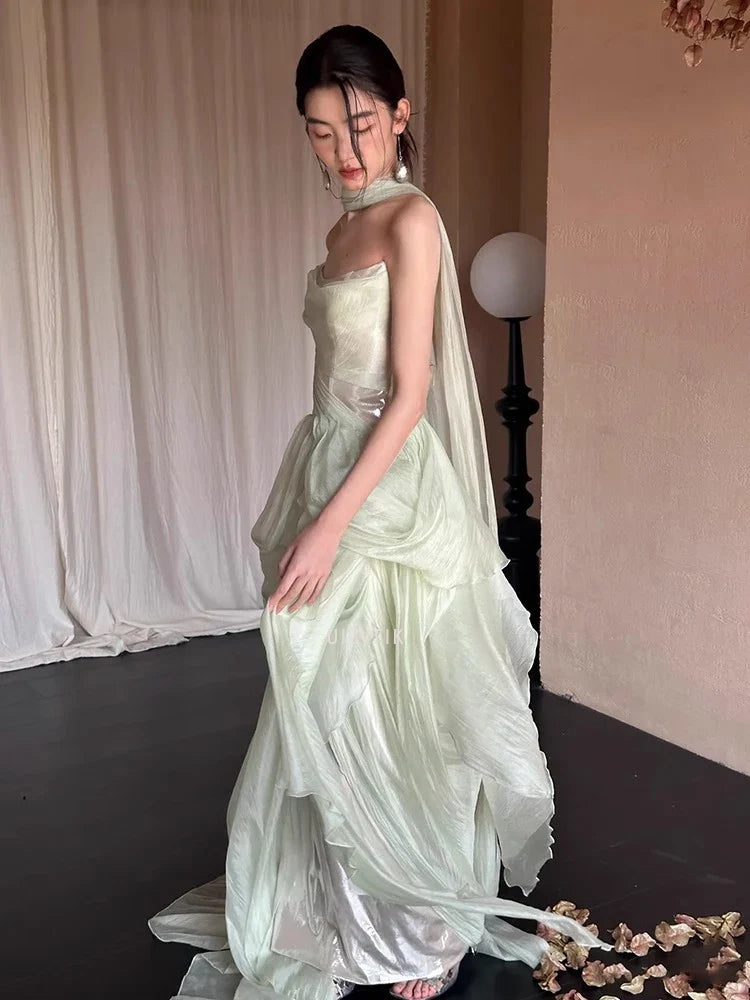 Mint Party Evening Dress Women Strapless Mermaid Pleat Formal Occasion Dress Elegant Shiny Backless Prom Gown Customized