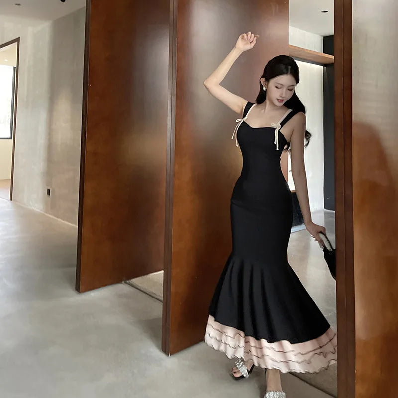 Sweetheart Double Strap Ruffle Trim Mermaid Hem Midi Dress