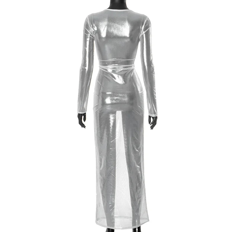 Crew Neck Sheer Mesh Shimmer Long Sleeve Bodycon Maxi Dress