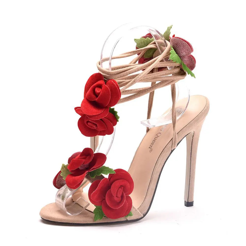 New Satin Rose High Heel Cross Straps Round Head Fine Heel Super High Heel Large Size Strappy Women's Sandals Wedding Shoes
