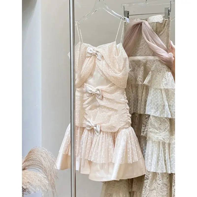 French Gentle Style Bow Mini Strap Camisole Dress for Women High-end Luxury Mesh Sweet Pink Splicing Banquet Evening Dresses