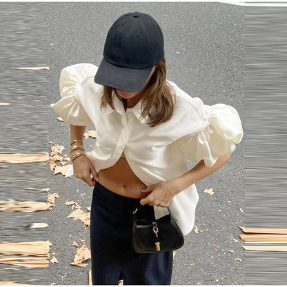 Elegant Women's Satin Puff Sleeve Shirt Loose Lapel Single Breasted Female Blouses 2025 Summer Lady Solid Chic All-match Tops