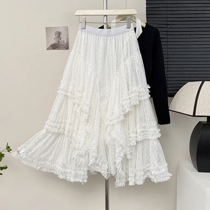 Korean style Beige Maxi Long Tulle Skirt Women Spring Summer Mesh Big Hem A-line Skirt Female Party Skirt Clothes