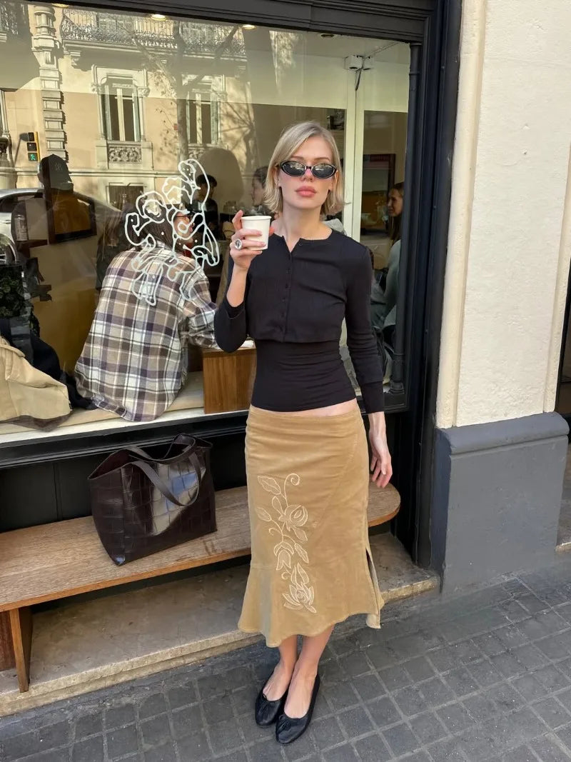 Women's Vintage Midi Skirt 2026 Summer High Waist Slim Ruffle Fishtail Skirts Party Side Slit Elegant Embroidery Skirt