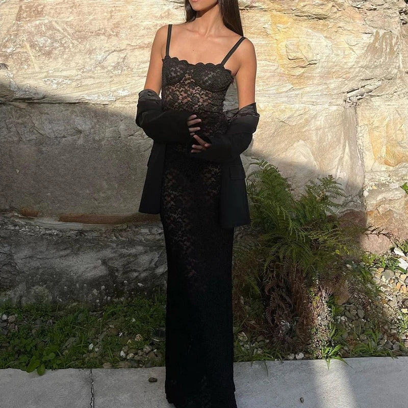 Fashion Waist Solid Women's Gowns Elegant See Through Hollow Spaghetti Strap Dress Sexy Sleeveless Off Shoulder Beach Long Dress