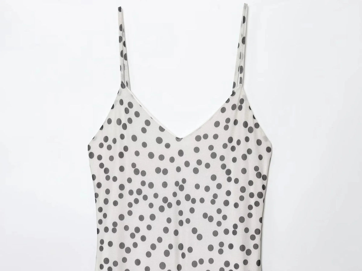 Women's Vintage Polka Dot Printed Midi Dress Summer Holiday Sleeveless Hem Transparent V-Neck Backless Casual Suspender Dress