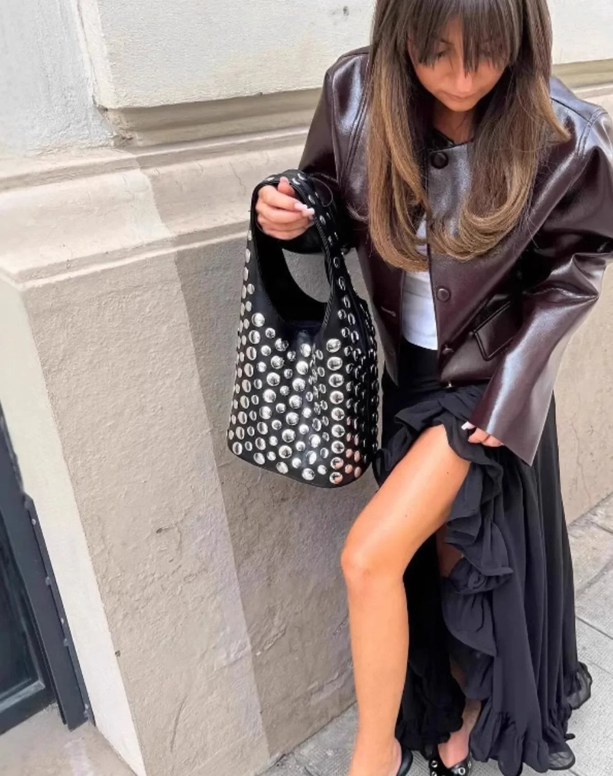 New Rivet Bucket Bag Motorcycle Texture Trend Handbag Highlights Unique Personality Tortoise Shell Sequins Soft Ladies Bag