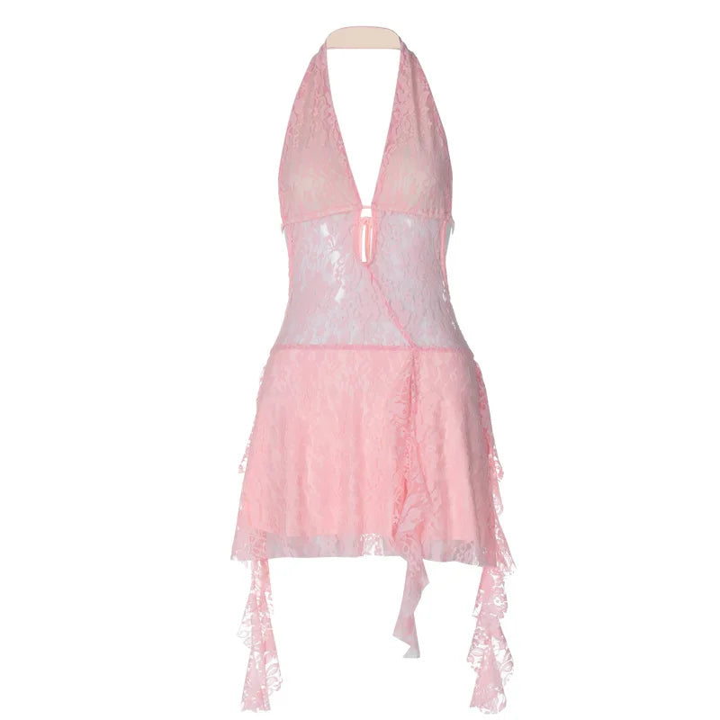 New sexy swimsuit hollowed out deep V-neck backless short splicing Lace-up halter lace dress